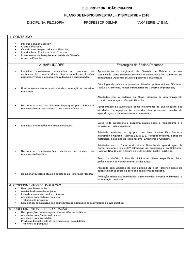 Plano de Ensino Filosofia 1º E.M. 1° Bimestre | PDF | Livro didático ...