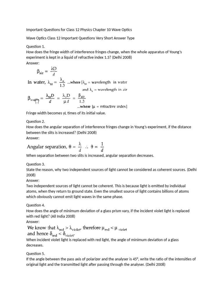 Important Questions For Class 12 Physics Chapter 10 Wave Optics | PDF ...