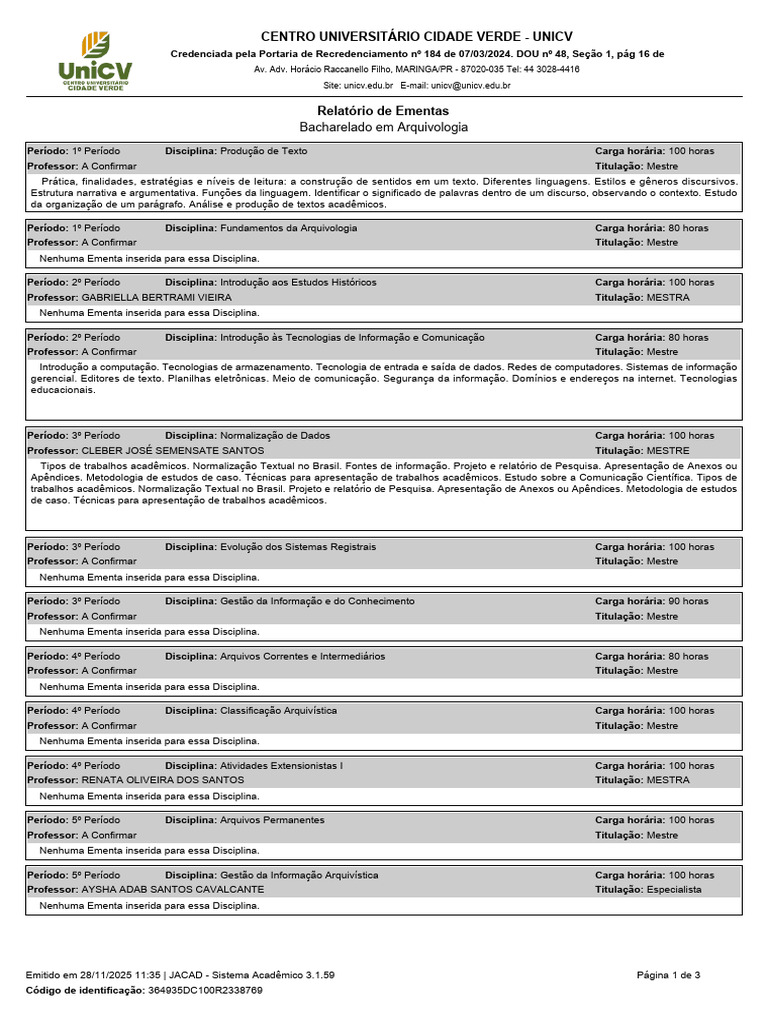 Grade Bacharelado em Arquivologia Ead 2025 | PDF