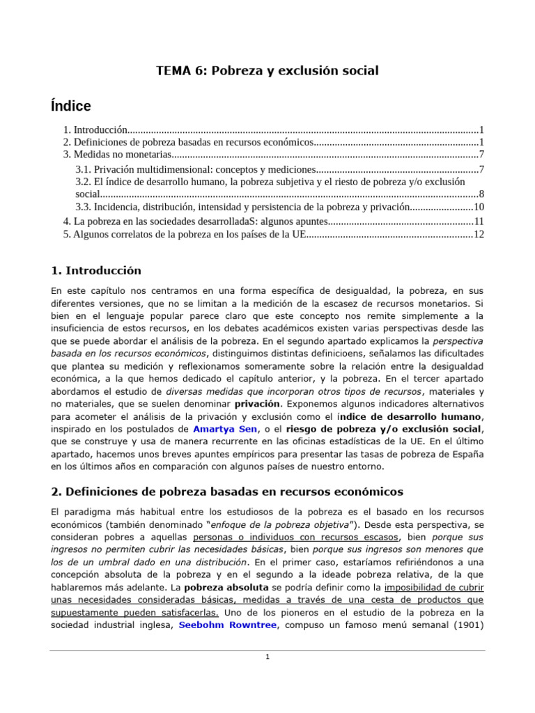 Tema 6. Pobreza y Exclusión Social | PDF | Pobreza | Pobreza e indigencia