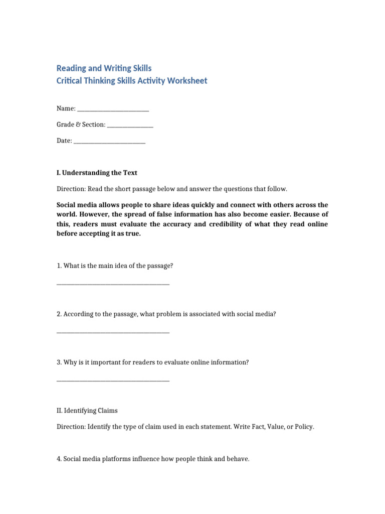 Reading and Writing Skills Critical Thinking Worksheet | PDF