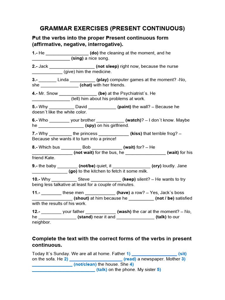 Present Continuous Grammar Exercises | PDF