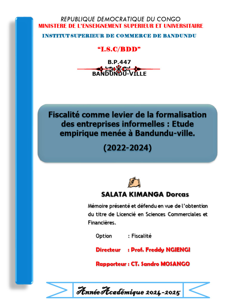Mémoire de Licence en Fiscalité Sur La Formalisation Des PME Du Secteur ...