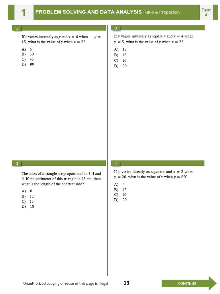 SAT Ratio-Proportions Practice Test 4 | PDF | Electromagnetism ...