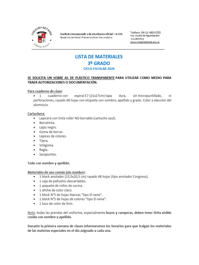 Lista de Materiales 3 Grado | PDF | Lápiz | Papelería
