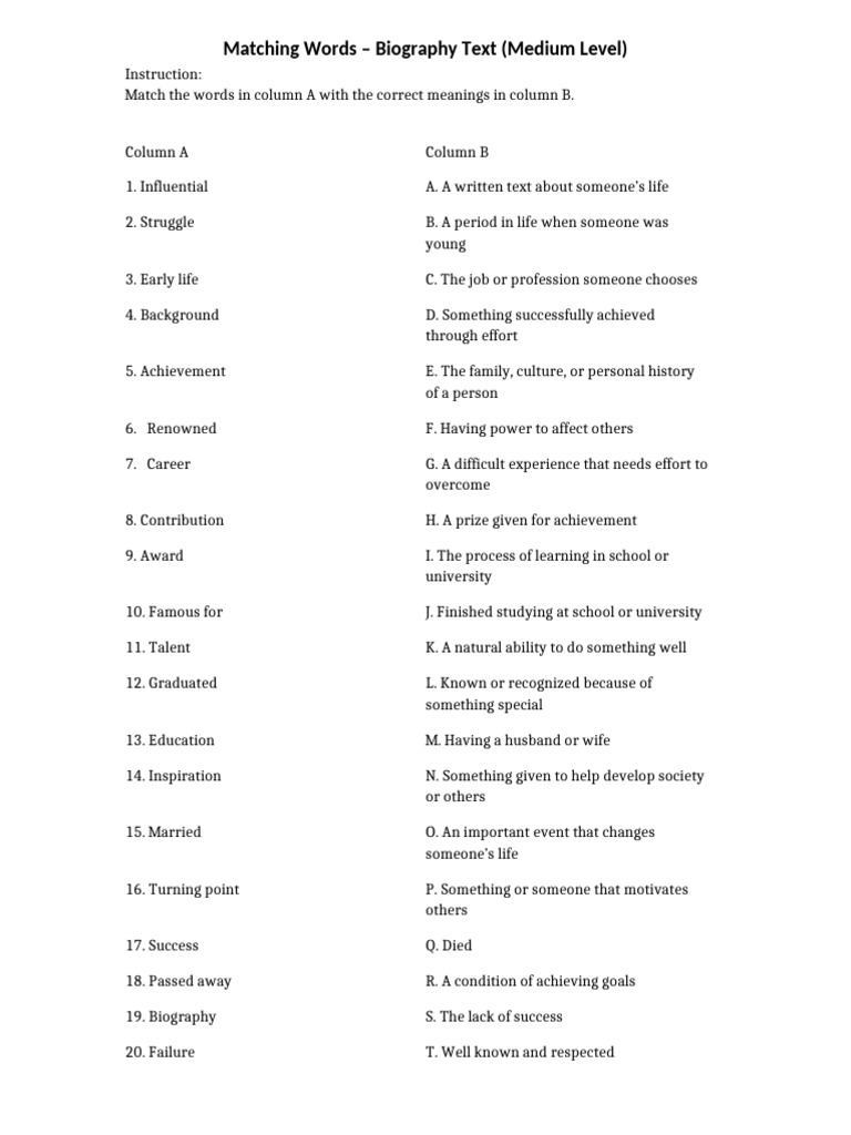 Matching Words Biography Medium (1) | PDF