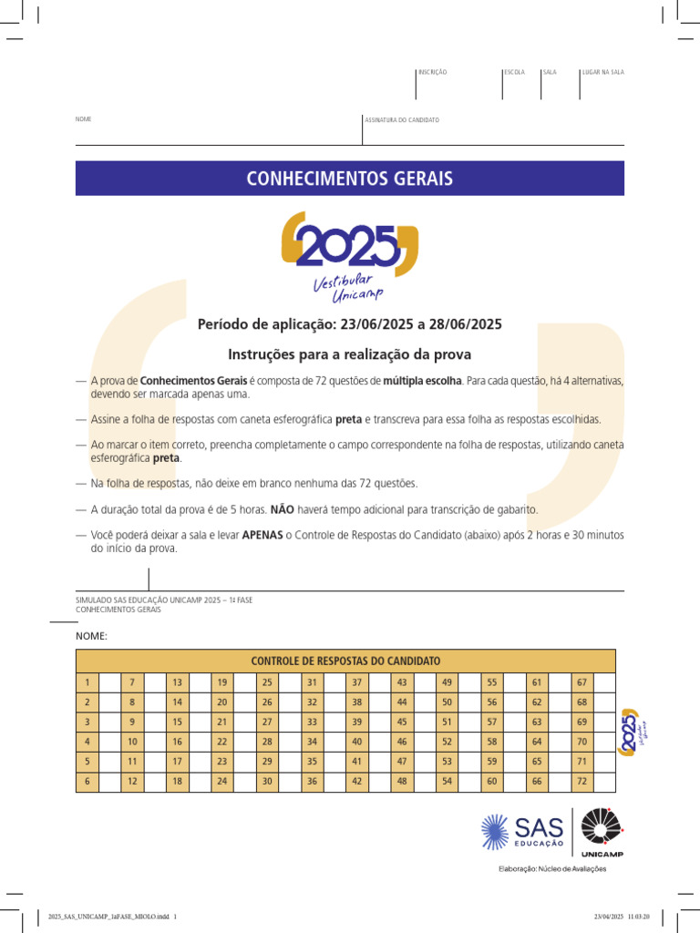 (PROVA) Simulado UNICAMP 1 - 1 Fase - 01!10!2025 - 09h22min | PDF ...
