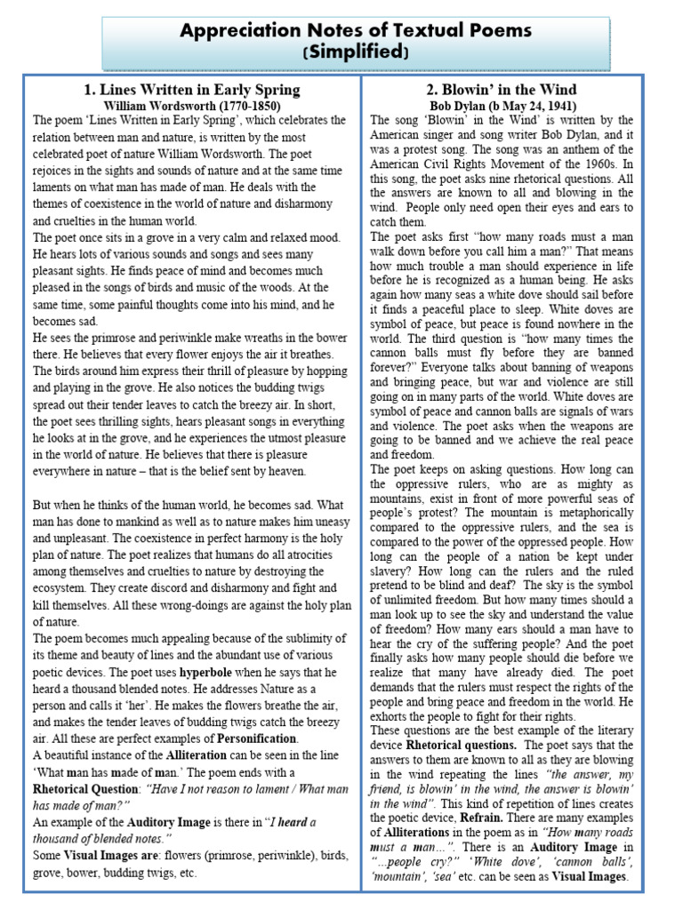 Kerala SSLC Appreciation Notes of Poems - Simplified | PDF | Poetry