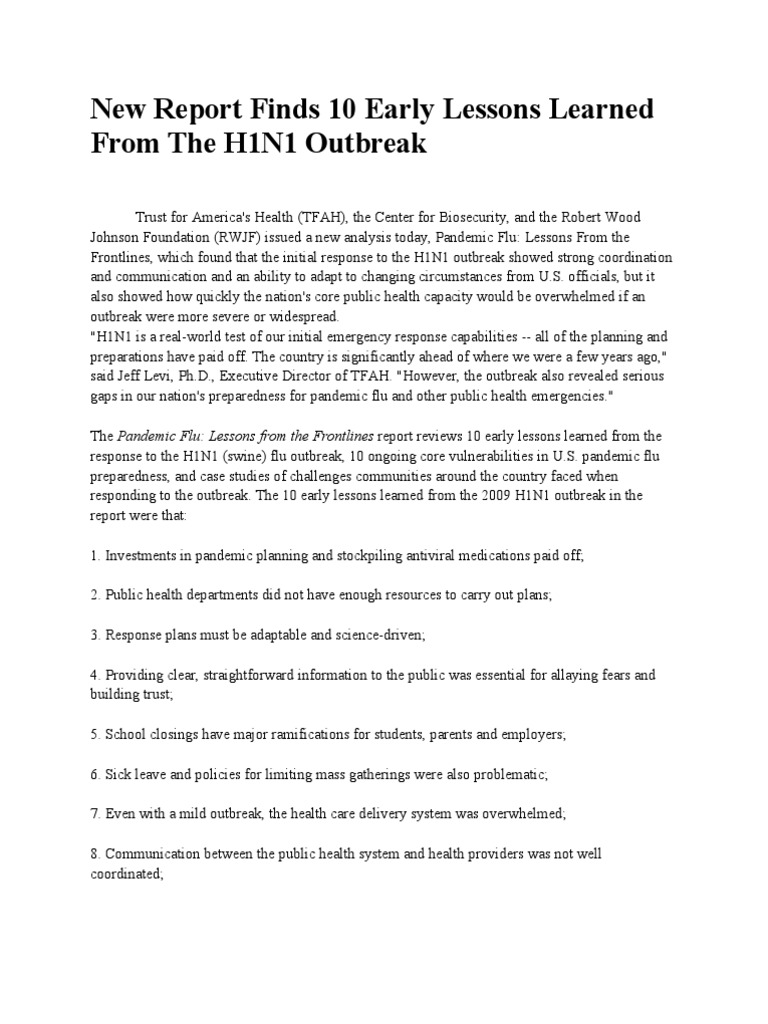 New Report Finds 10 Early Lessons Learned From The H1N1 Outbreak | PDF