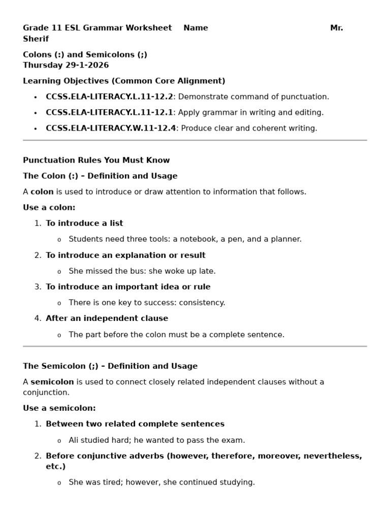 Grade 11 ESL Grammar Worksheet Thursday 29-1-26 | PDF | Language Mechanics