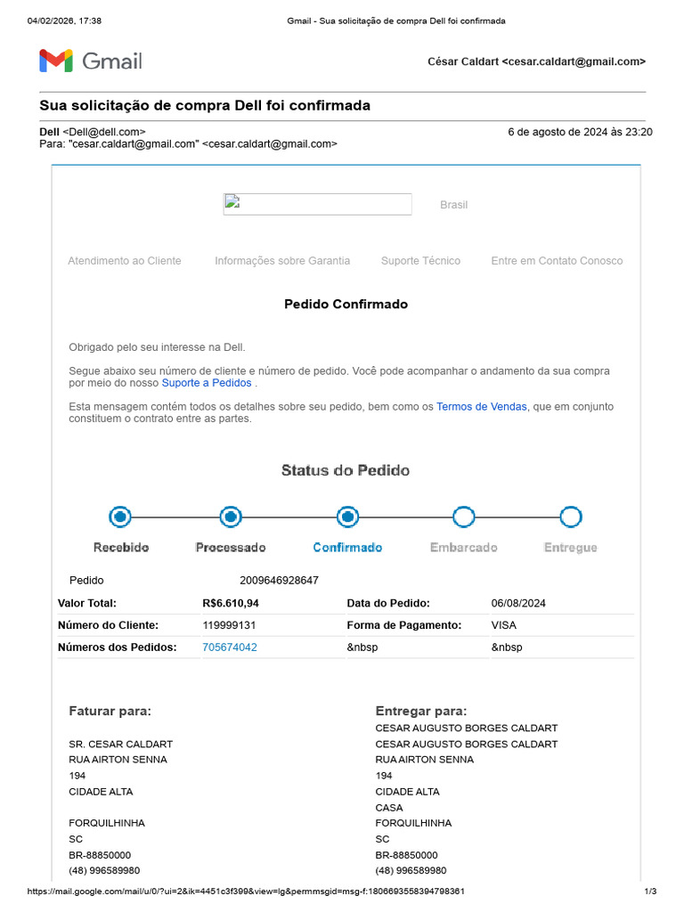 Gmail - Sua Solicitação de Compra Dell Foi Confirmada | PDF | Recibo | Dell