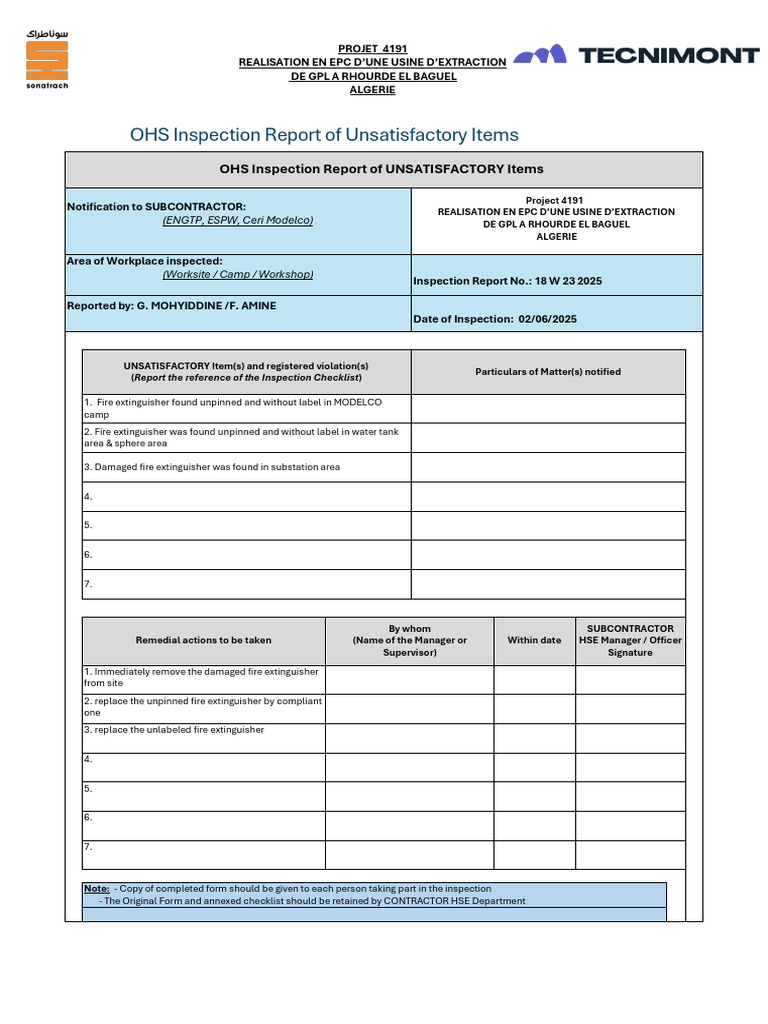 OHS Inspection Report of Unsatisfactory Fire Extinguisher 02.06.25 ...