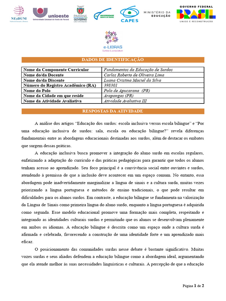 Luana Cristina Macil Da Silva - Polo Apucarana | PDF | Inclusão ...