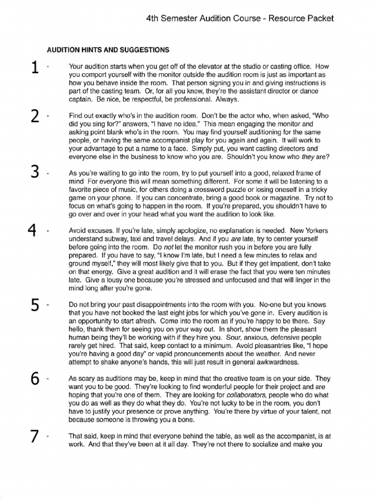 Audition Tips From 4th Semester MT Packet w. Numbers | PDF