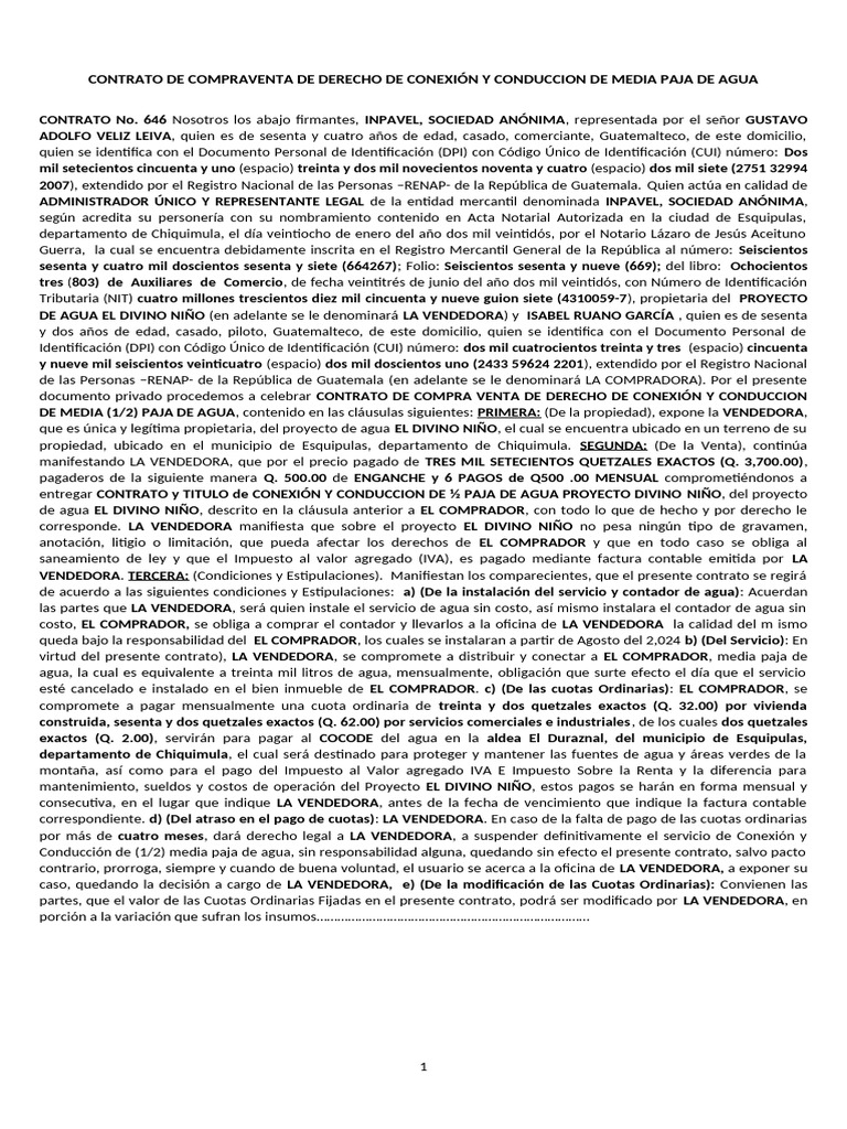 Contrato de Suministro de Agua No.646 Isabel Ruano Mz- 22 L- 37 | PDF ...