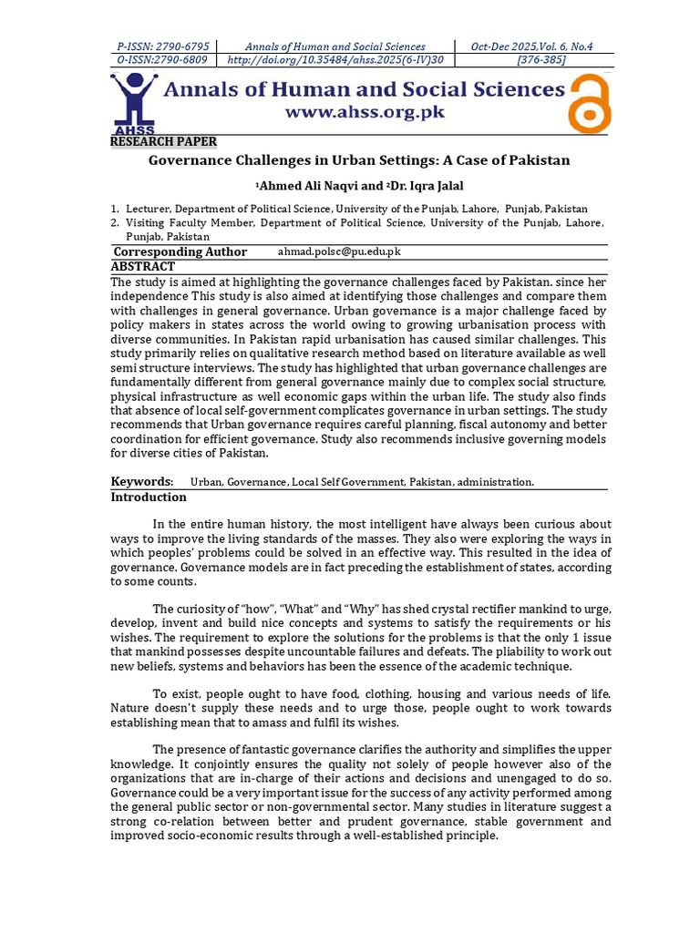 Governance Challenges in Urban Settings: A Case of Pakistan: Research ...