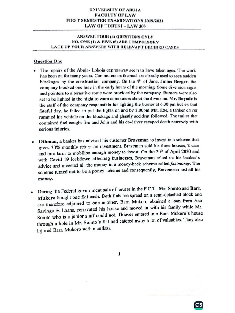 Law of Tort Past Questions | PDF