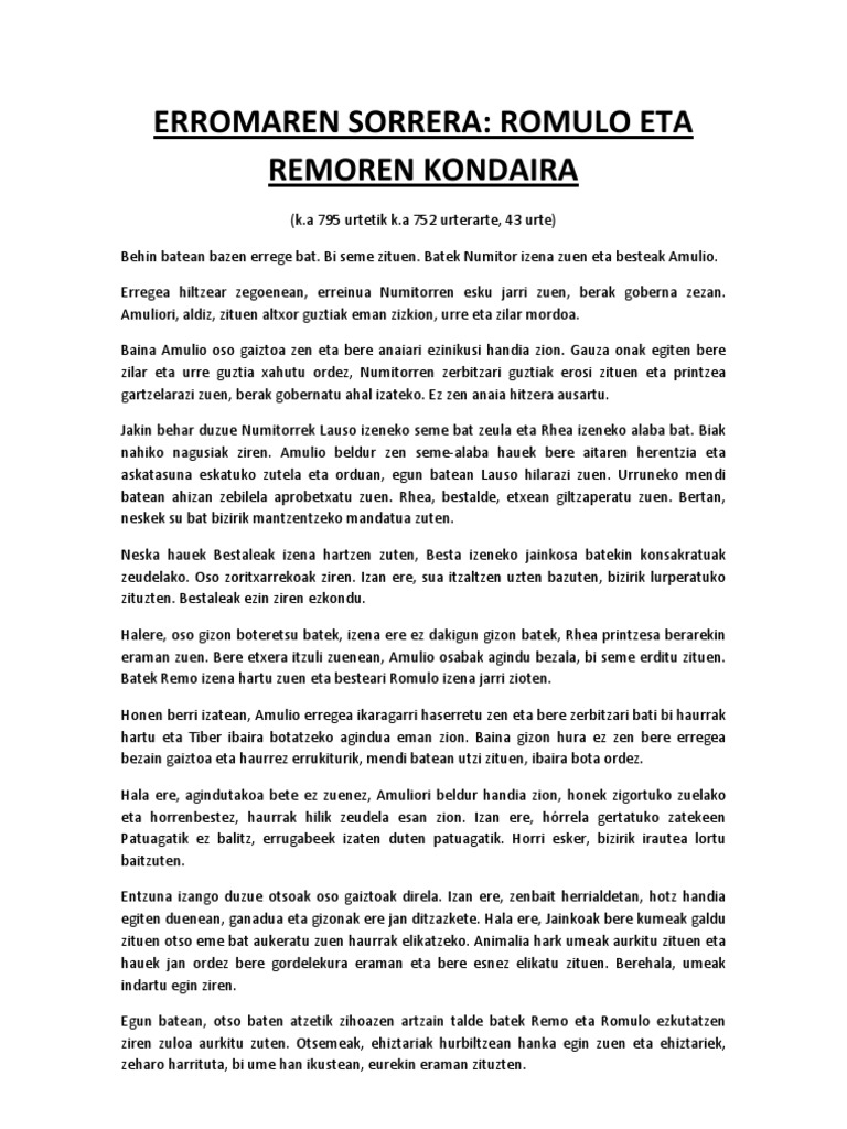 1 - Erromaren Sorrera. Romulo Eta Remoren Kondaira | PDF