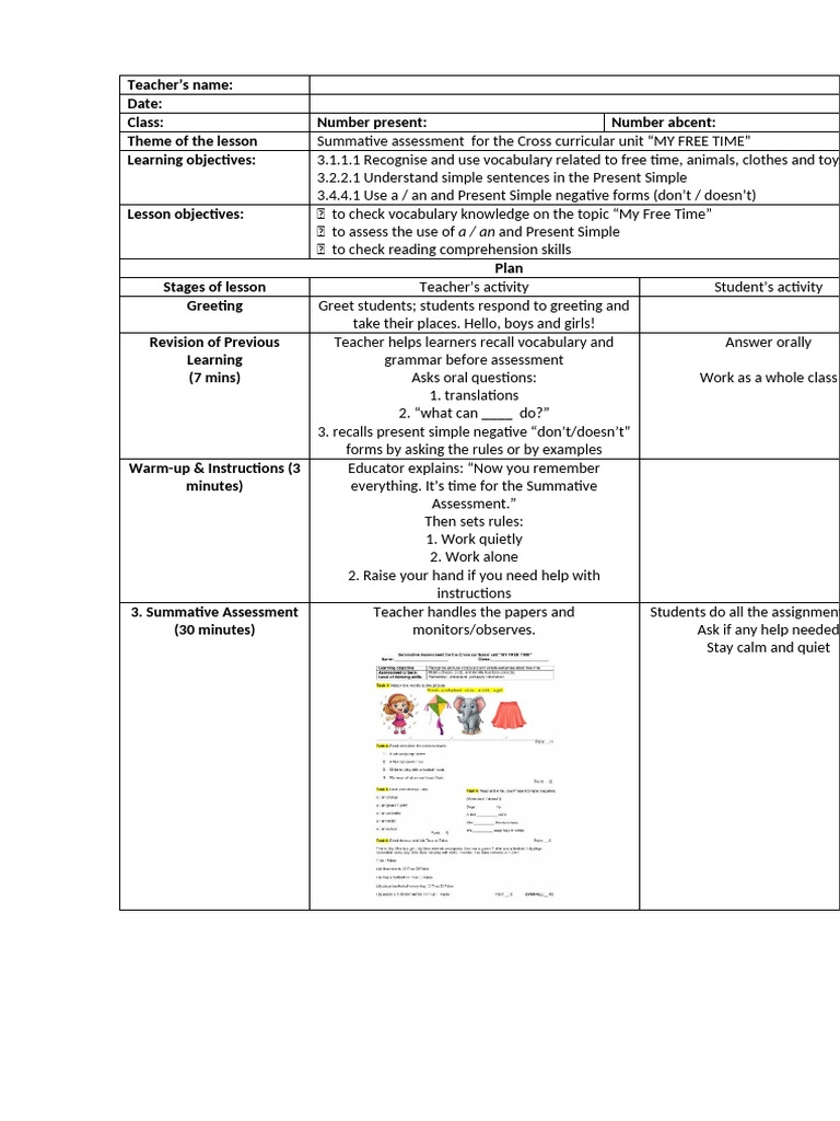 Lesson Plan SA 3rd Grade | PDF | Educational Assessment | Reading ...