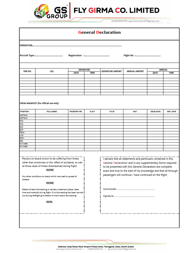 FLY GIRMA GENERAL DECLARATION | PDF | Transport Safety | Civil Aircraft