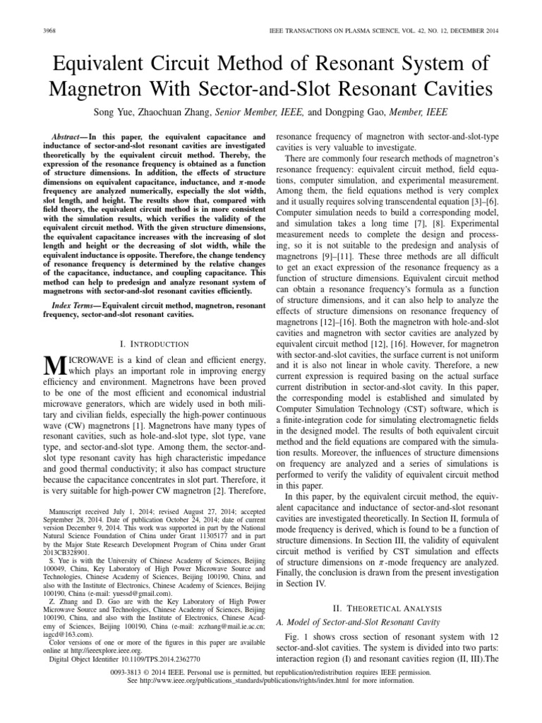 Equivalent Circuit Method of Resonant System of Magnetron With Sector ...