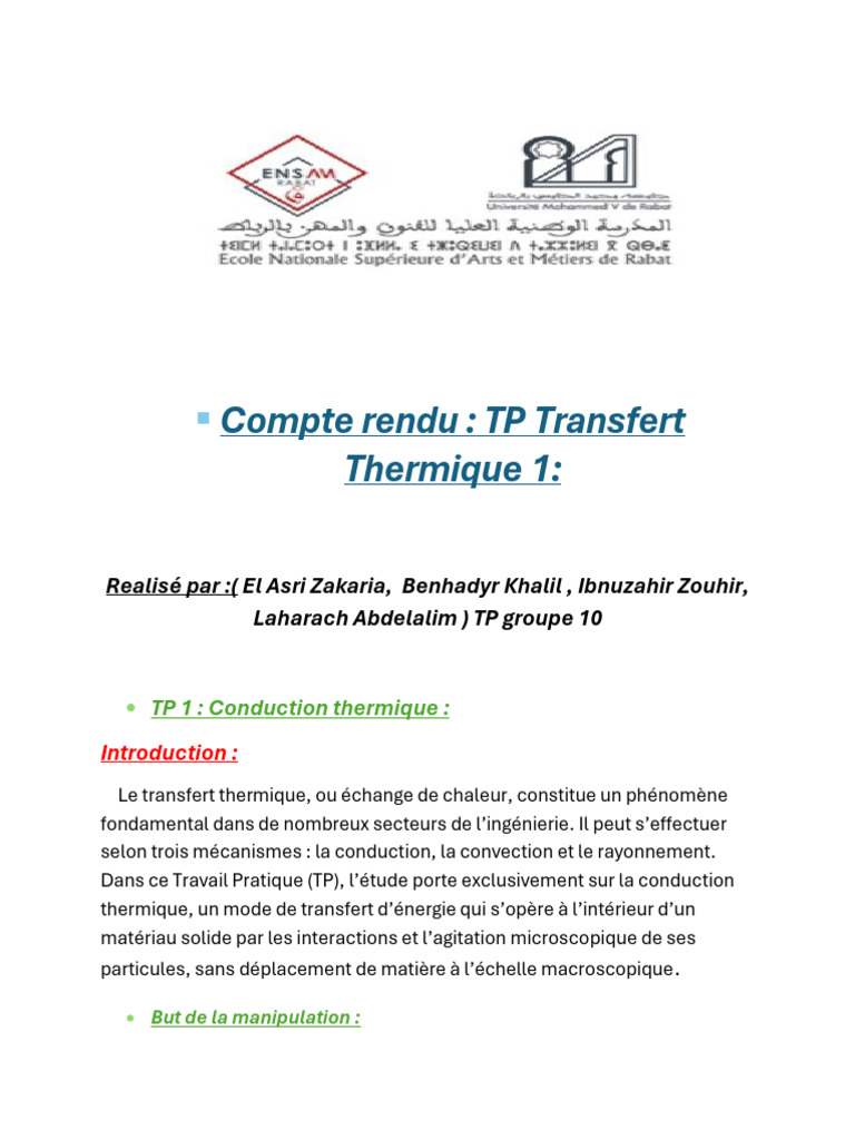 Compte Rendu TP Transfert Thermique (Conduction) PDF Transfert — free download