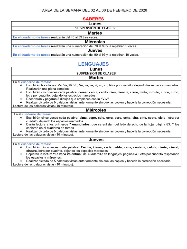 Tarea de La Semana Del 02 Al 06 de Febrero de 2026 | PDF