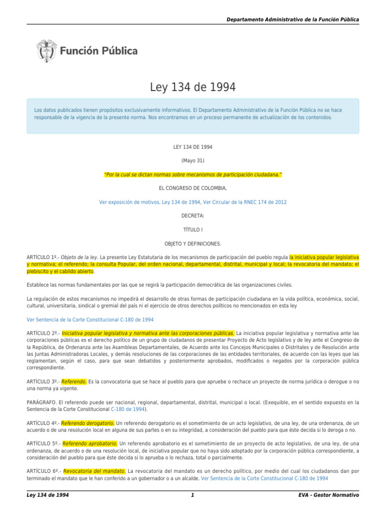 Ley 134 1994 | PDF | Votación | Alcalde