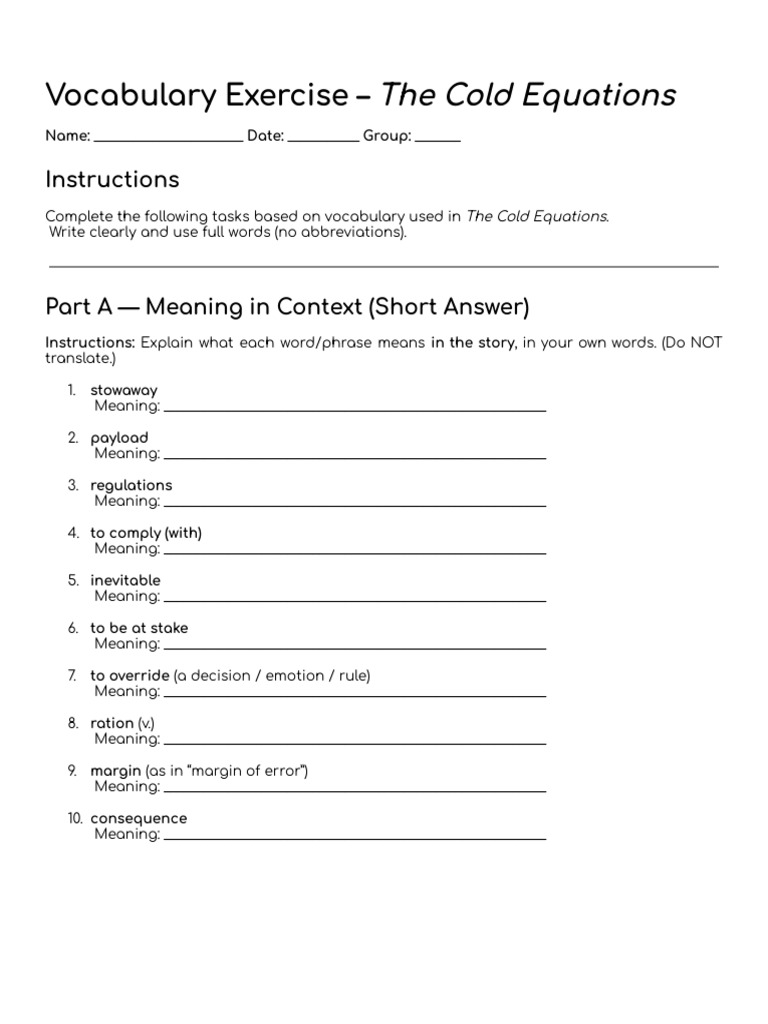 Vocabulary Exercise - The Cold Equations | PDF | Linguistics ...