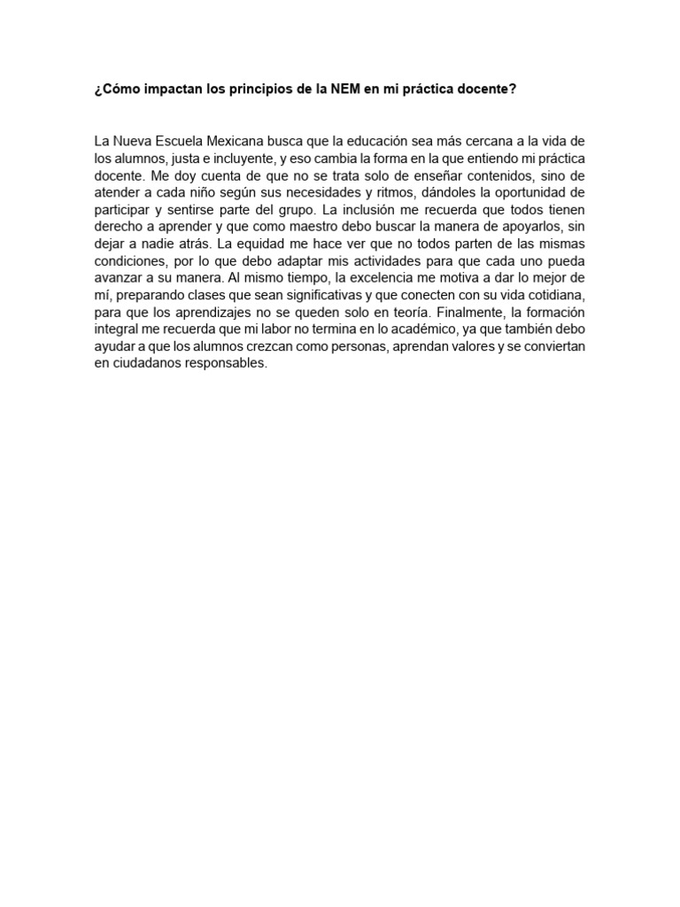 Cómo Impactan Los Principios de La NEM en Mi Práctica Docente | PDF