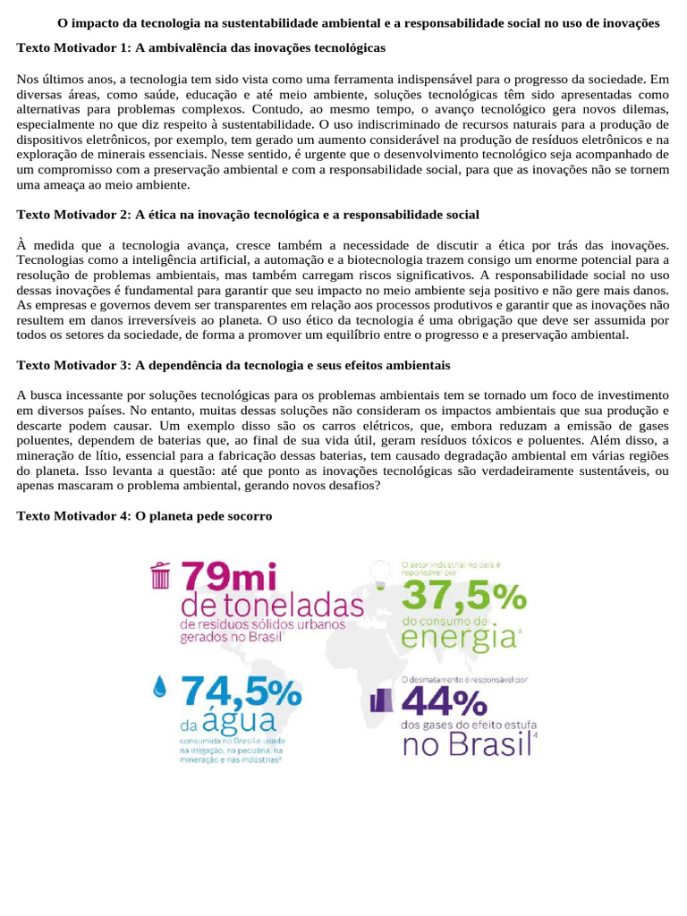 Redação - Tecnologia - Meio Ambiente | PDF | Sustentabilidade ...