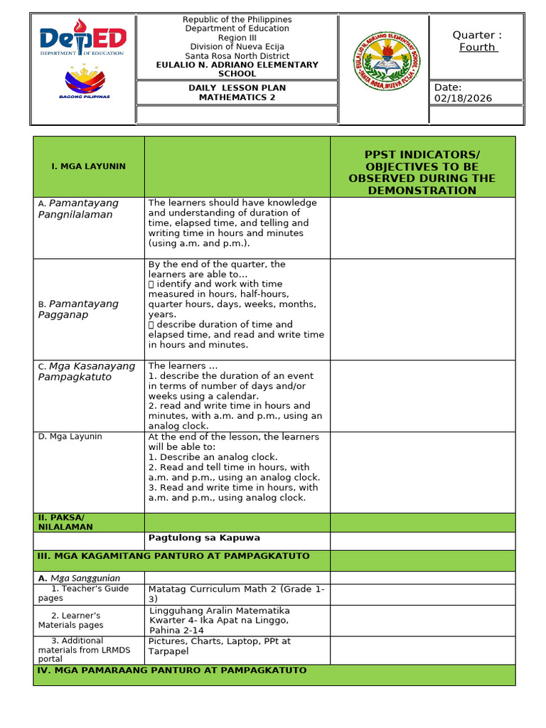 4th Quarter Cot Math 2 2025-2026 | PDF | Learning | Teachers