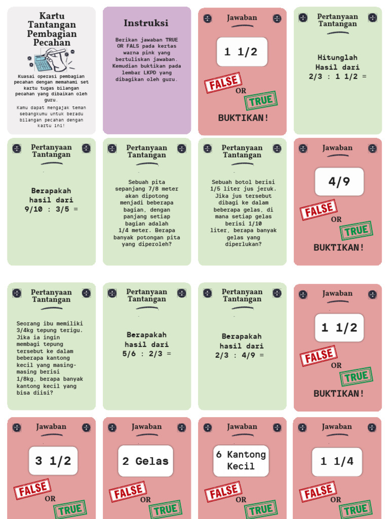 Flashcard Kartu Tantangan Pembagian Pecahan LKPD | PDF
