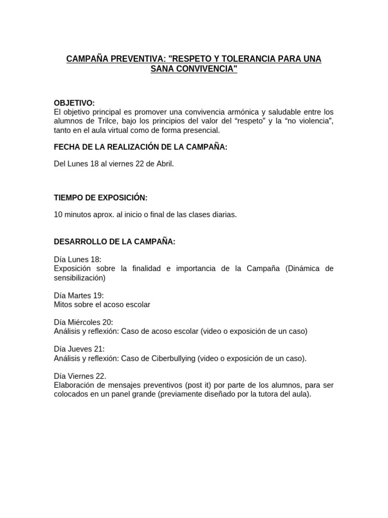 Campaña Preventiva Respeto y Tolerancia para Una Sana Convivencia | PDF
