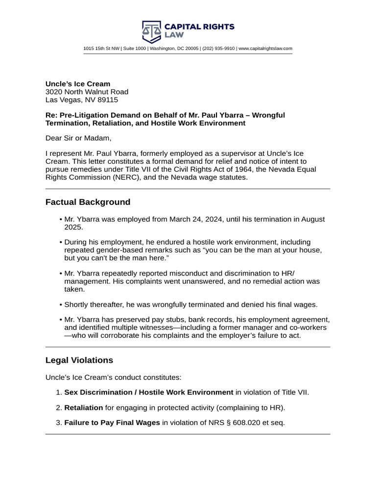 Demand Letter Paul Ybara | PDF | Lawsuit | Civil Rights Act Of 1964