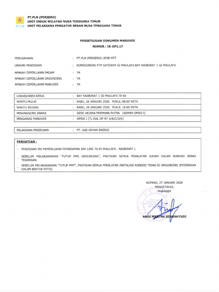 Dok Manuver No.26013 Komisioning PTP Gateway Gi Maulafa Bay Naibonat 1 ...