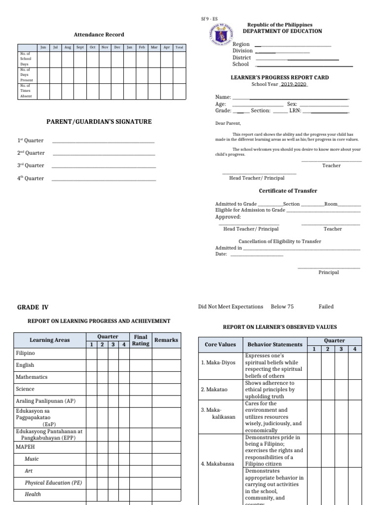 SF 9 - ES (Learner's Progress Report Card) | PDF
