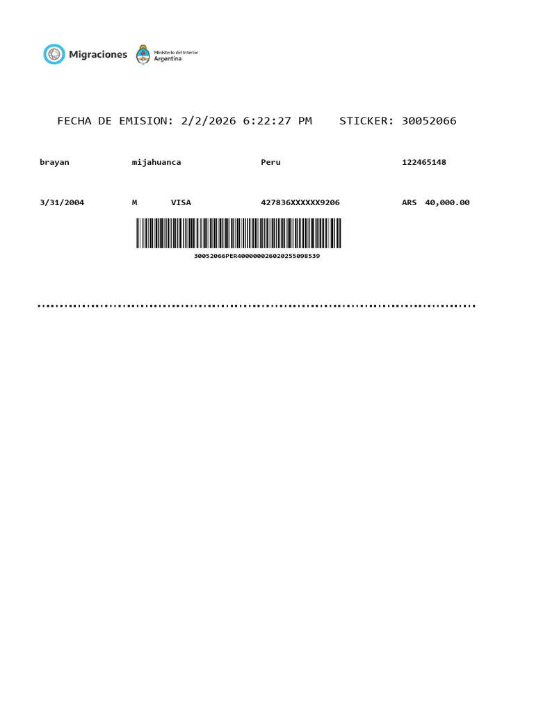 FECHA DE EMISION: 2/2/2026 6:22:27 PM STICKER: 30052066: Habilitación ...