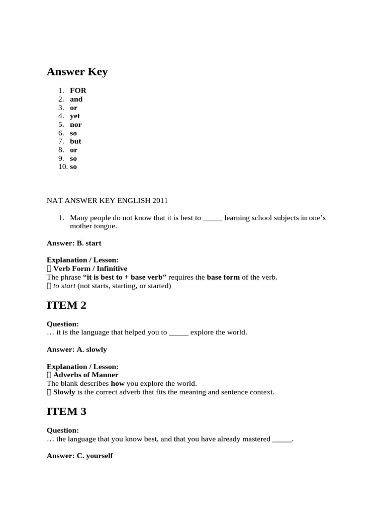 Answer Key for the 2011 nat rewier with explaination and topic focused ...