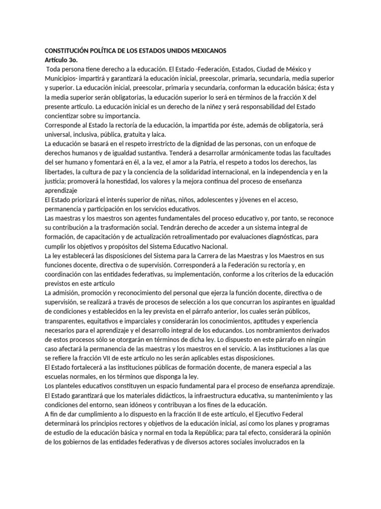 Constitución Política de Los Estados Unidos Mexicanos | PDF | Educación ...