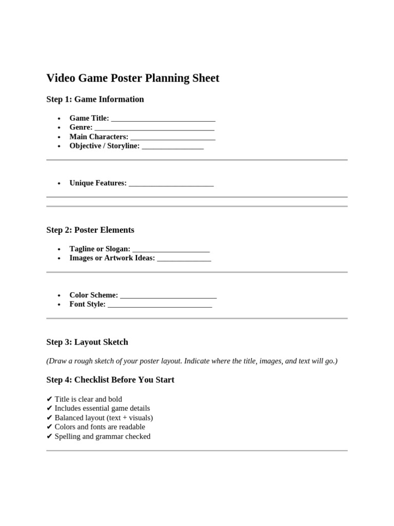 Video Game Poster Planning Sheet and Rubric | PDF