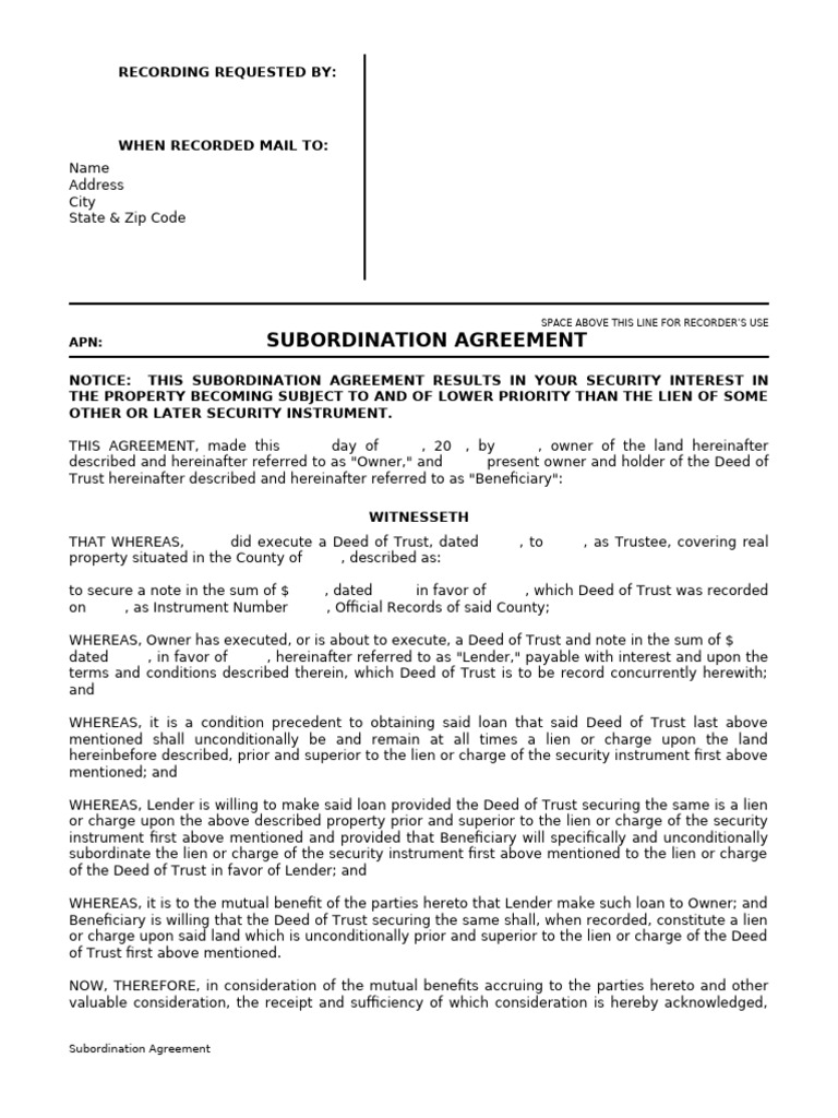 subordination agreement clta subordination form a - Real Estate, Real ...