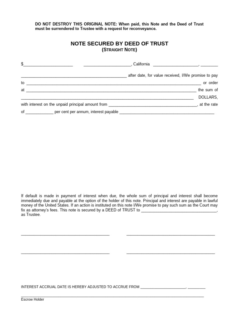 Note Secured by Deed of Trust Straight Note | PDF
