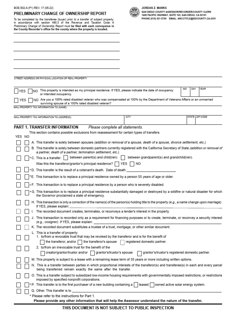 Preliminary Change of Ownership PCOR San Diego - Real Estate, Real ...