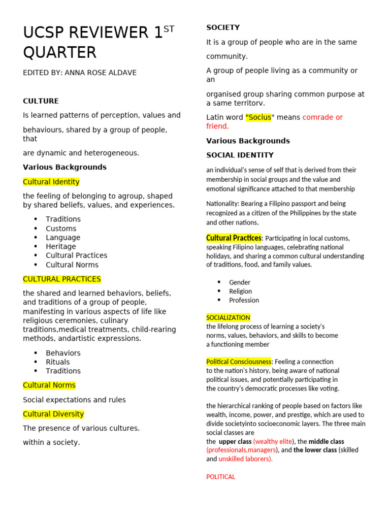 Ucsp Reviewer 1ST Quarter | PDF | Traditions | Identity (Social Science)