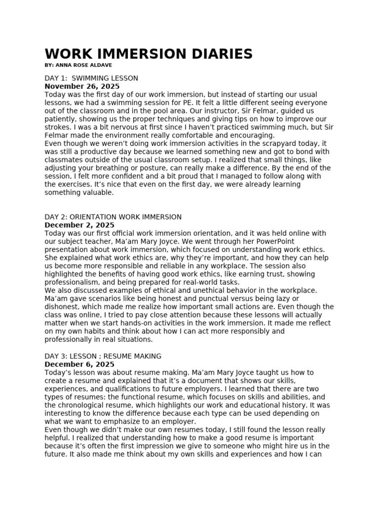 Work Immersion Diaries | PDF | Résumé | Psychology