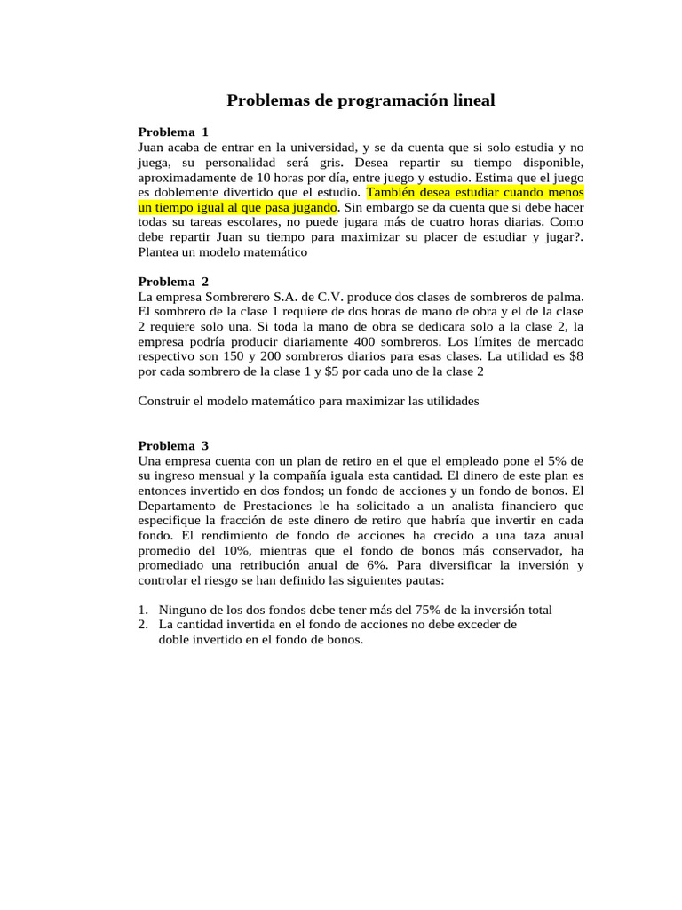 Problemas de Programación Lineal | PDF | Compartir (Finanzas) | Economias