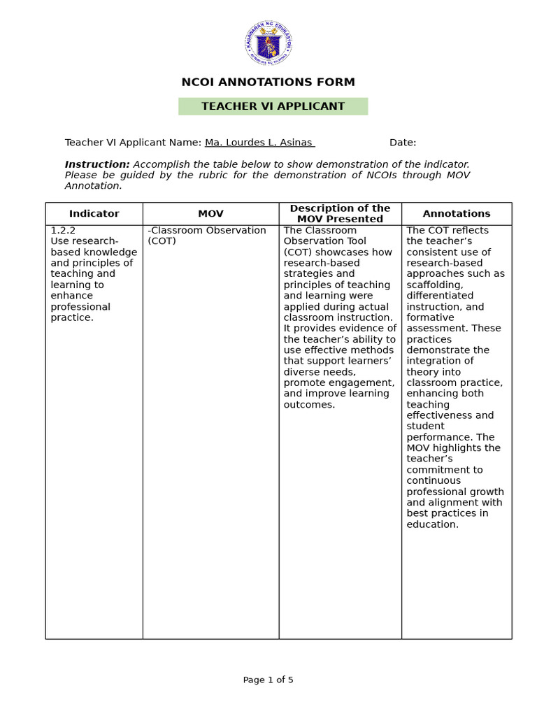 NCOI Annotations T6 M. Lou | PDF | Learning | Teachers