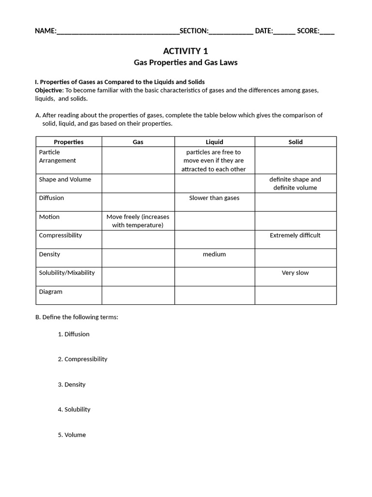 Activity 1 Properties of Gas and Gas Laws | PDF | Gases | Temperature