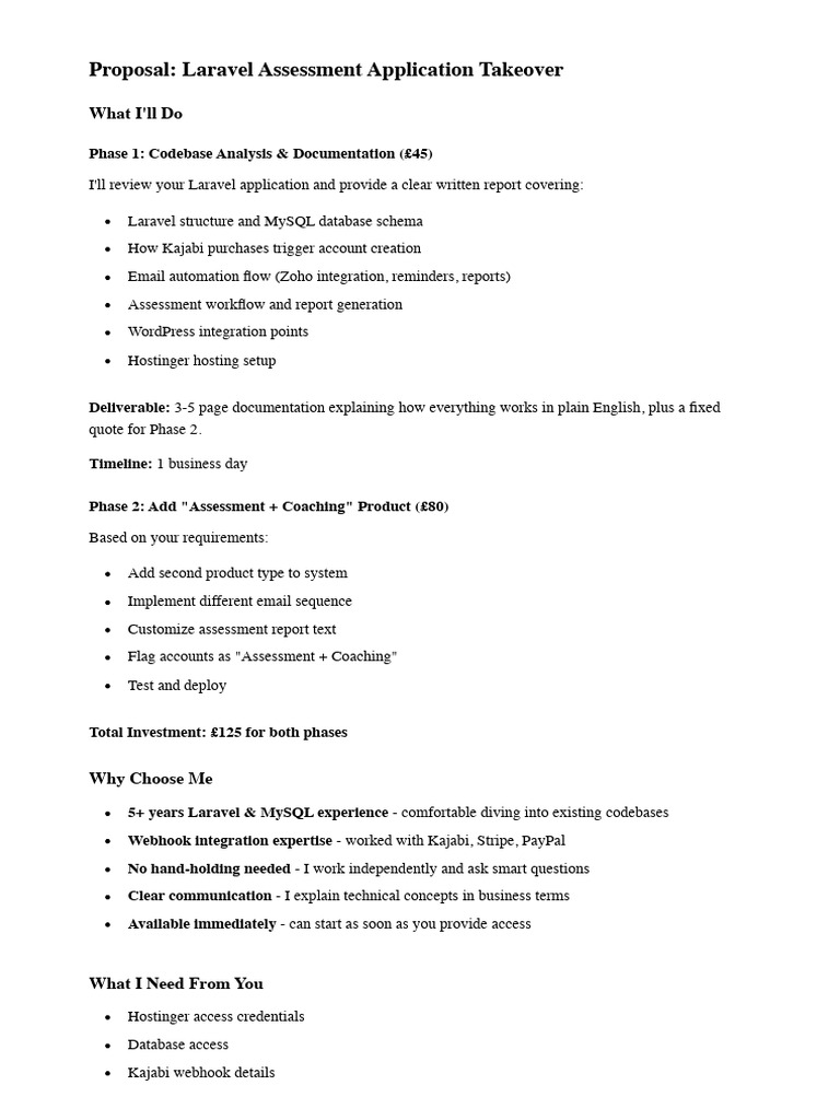 PeoplePerHour Proposal - Laravel Assessment App Takeover | PDF